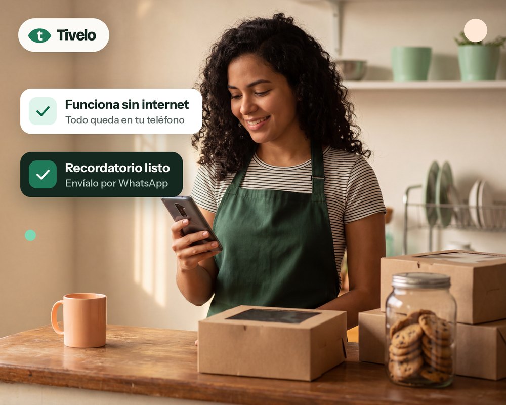 Emprendedora con delantal verde revisa su teléfono en su repostería, junto a cajas de tortas y un frasco de galletas.